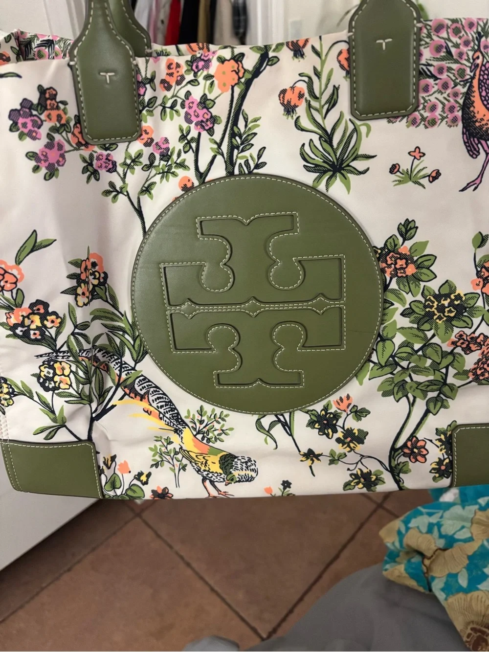 Tory Burch Ivory Floral Canvas Tote with Olive Green Trim
